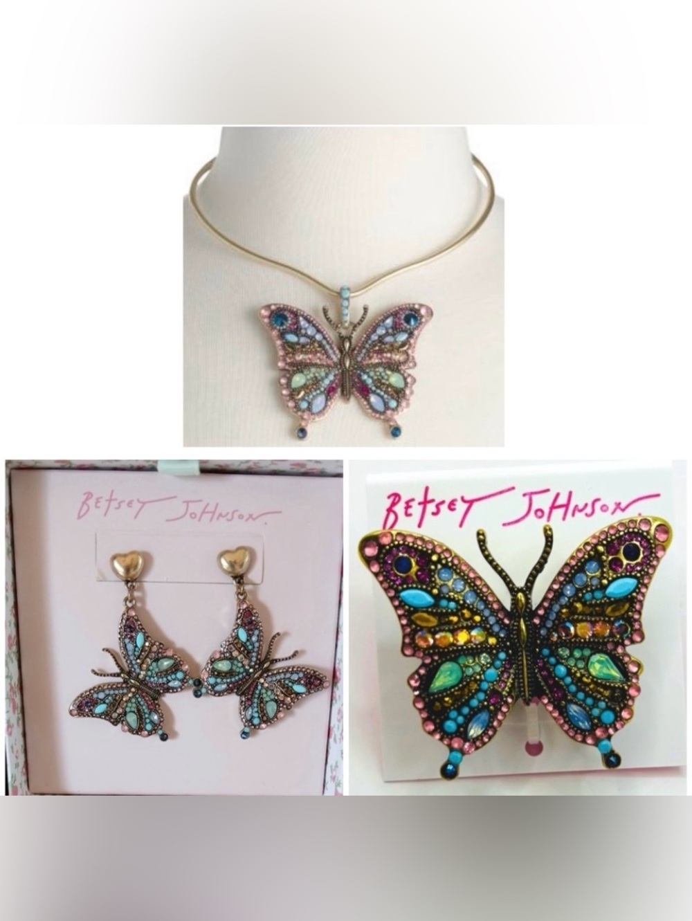 BETSEY JOHNSON SET Stones Crystals Boho Butterfly Earrings Necklace & Ring NWT
